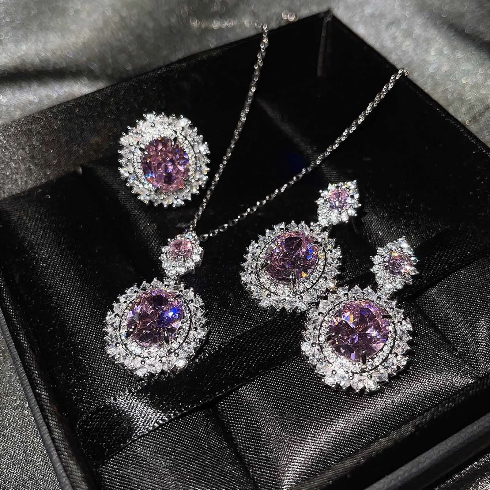 New Exquisite Noble 925 Silver Plated Jewelry Sets AAAAA Zircon Stone Female Wedding Bridal Ring Earring Necklace Accessories