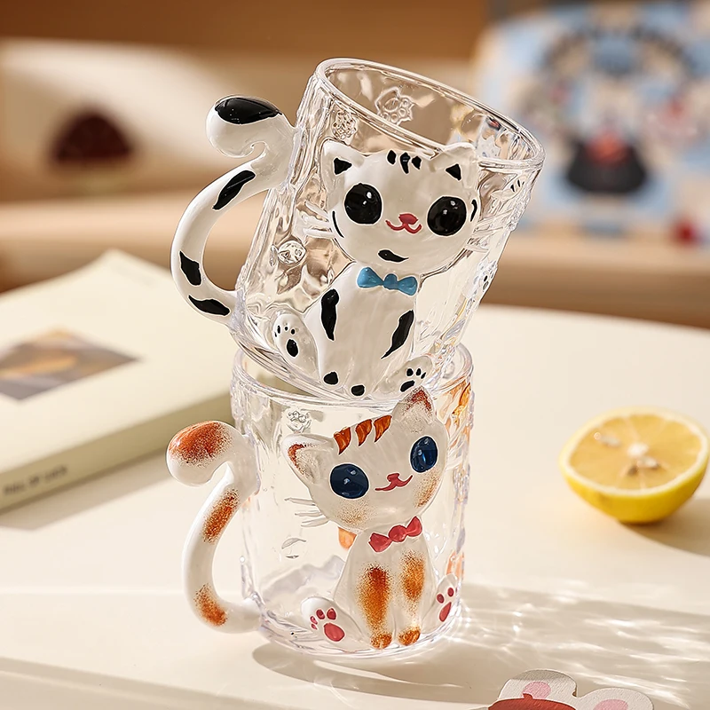 Embossed Hand-painted Cup Creative High Appearance Level Heat-resistant Glass Cat Couple Cup Birthday Gift Children's Water Cup