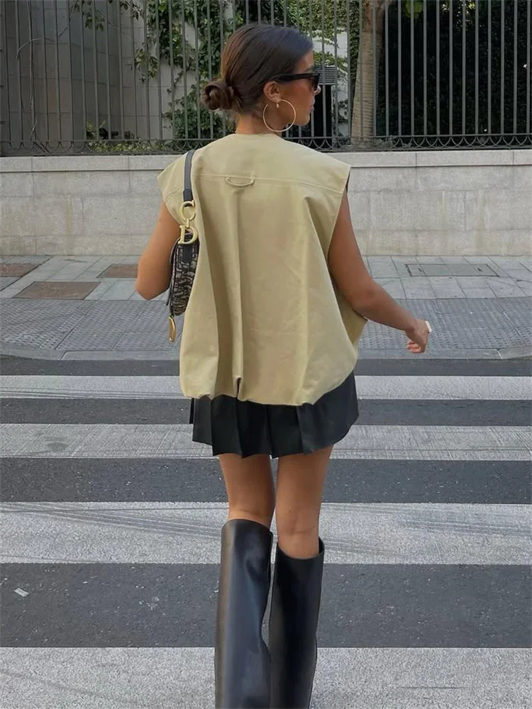 Fashion Loose Women's Vestidos Coat Sleeveless Zipper Pocket Patchwork Loose Commute Vest Jackets Female Outwear Vestidos