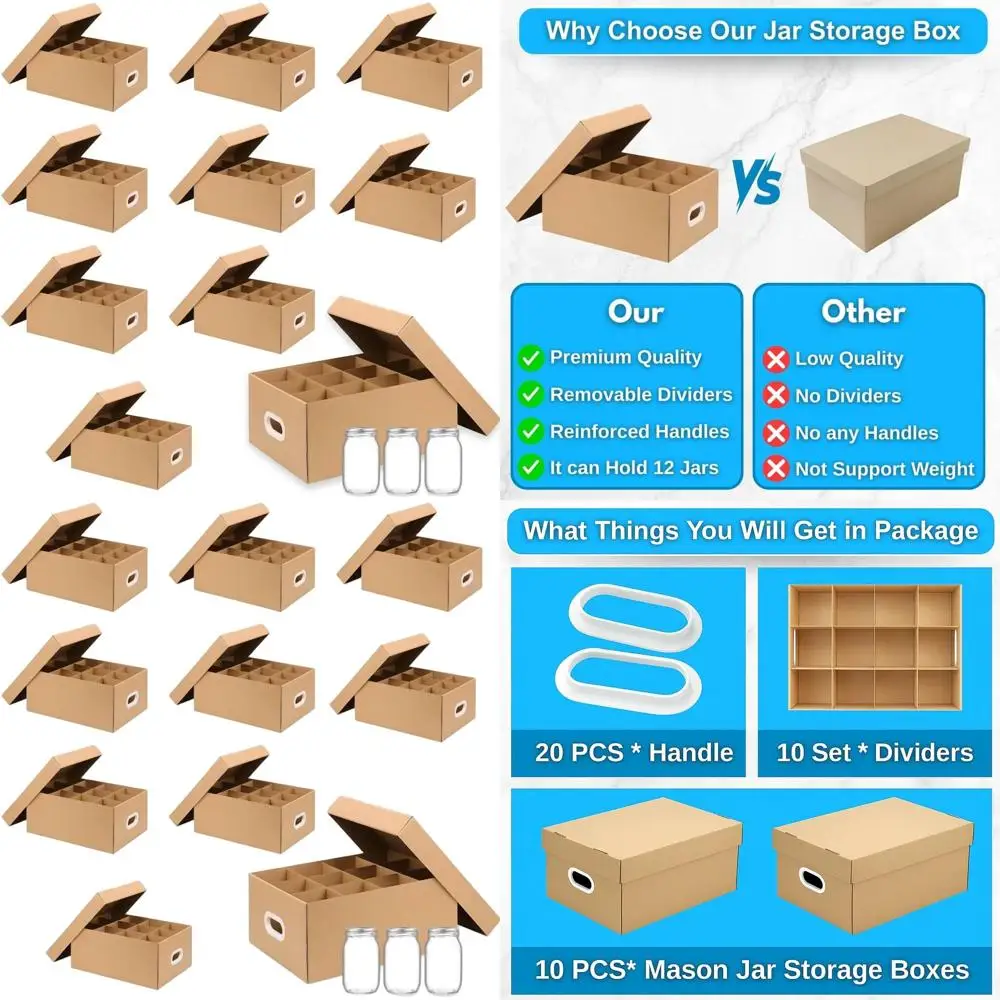 

10-Pack 32 oz Mason Jar Storage Boxes with Handles, Dividers, and Lids - Heavy-Duty Cardboard Organizer for Kitchen and Pantry