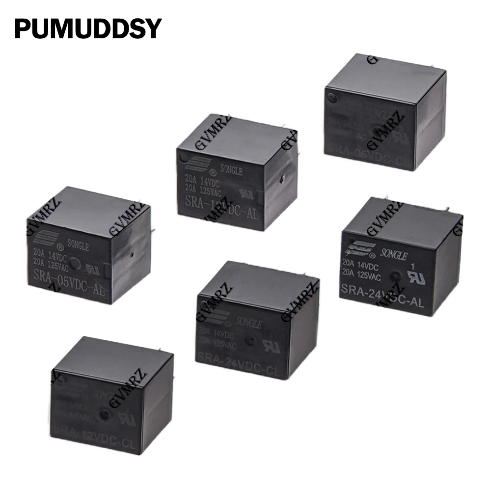 5PCS 4Pin 5Pin Relay PCB Type Black Automobile Relay SRA-05VDC-AL SRA-12VDC-CL SRA-24VDC-CL 5V 12V 24V 20A DC Power 4P 5P