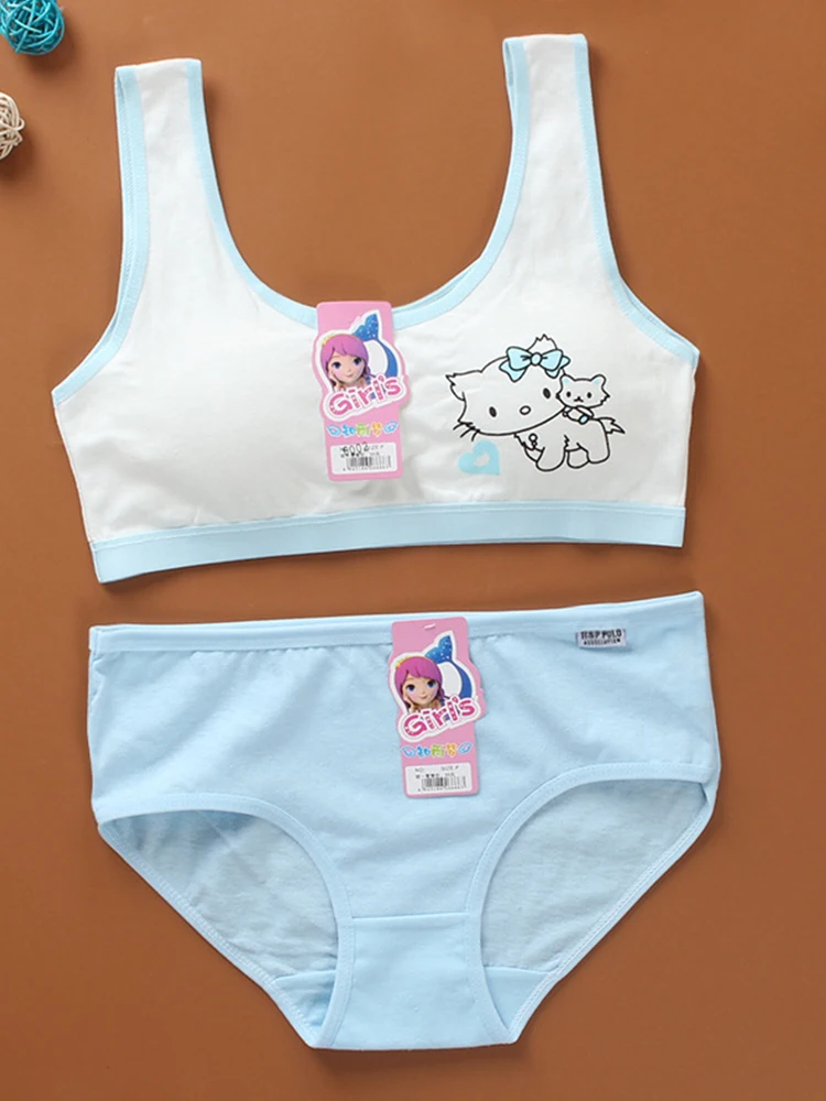 Cartoon Cotton Underwear Teen Girls Training Bras Briefs Sets Seamless Womens Panties Tank Top Bra Big Children Lingerie Vest