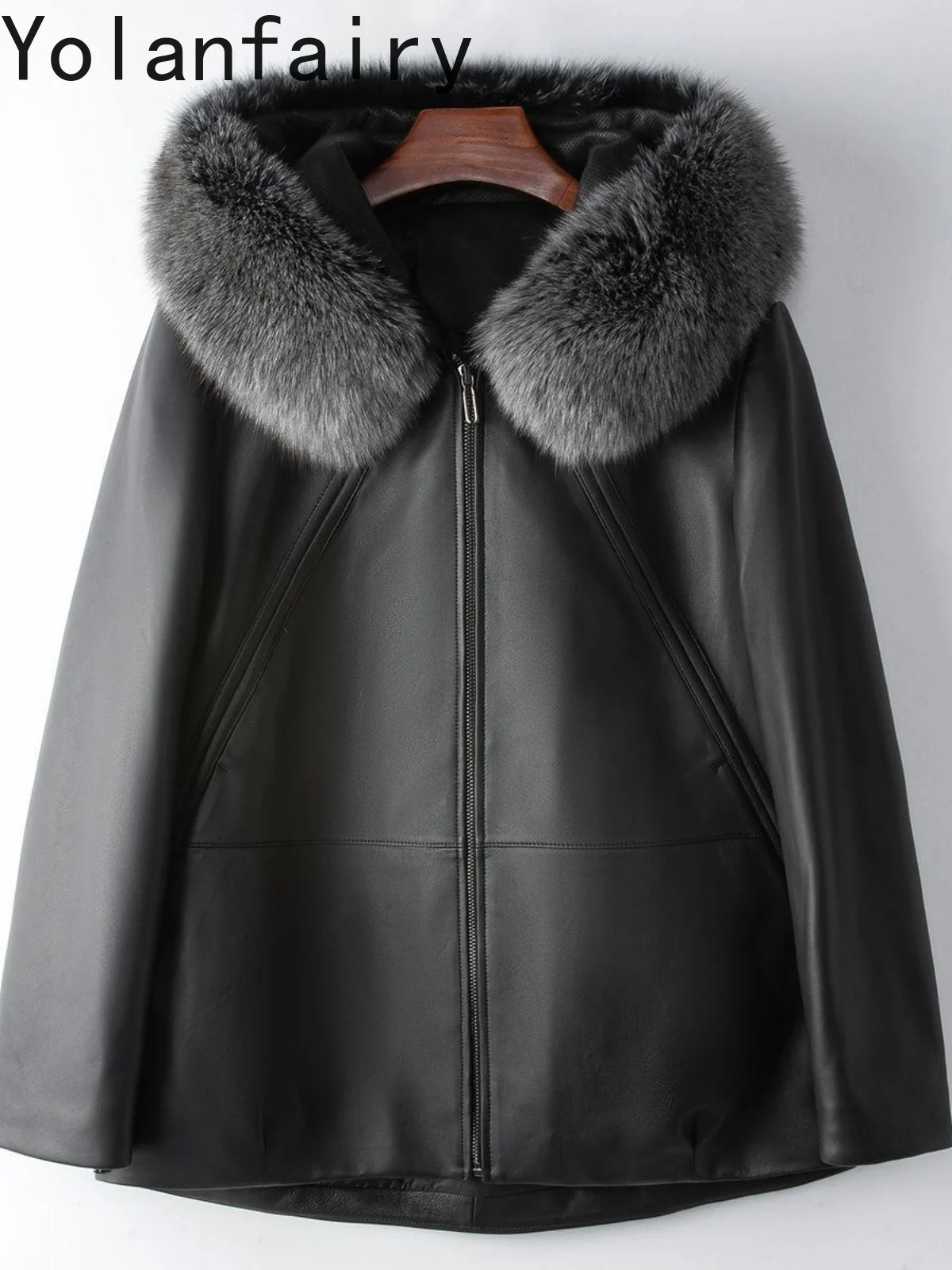 YOLANFAIRY Echte Schaffell Leder Unten Jacke Frau 2025, Winter Warme Gans Unten Mäntel Frauen Mit Kapuze Fuchs Pelz Kragen Puffer Jacken