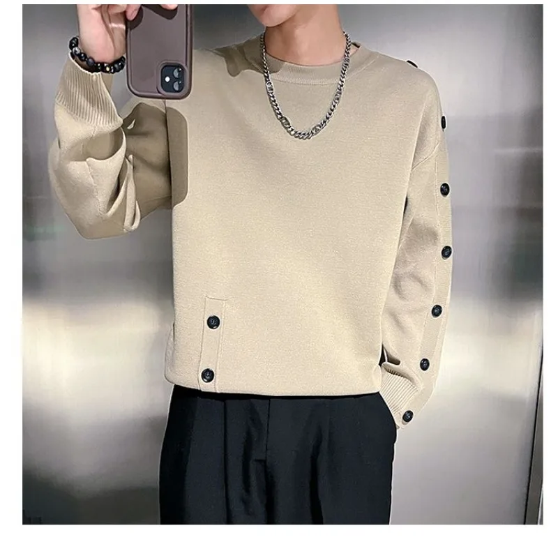 Solid Color Pullover Round Neck Button Sweater Men's Bottoming Shirt Long Sleeve Autumn and Winter Knitted Sweater Top