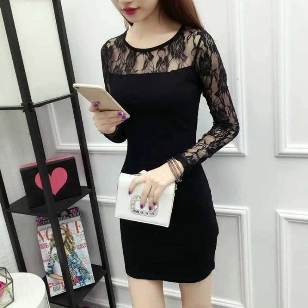 2024 Lace Patchwork Mini Dress For Women Summer Black Slim Mid Length Version Wrap Buttocks Long Sleeved Sexy Bodycon Dresses