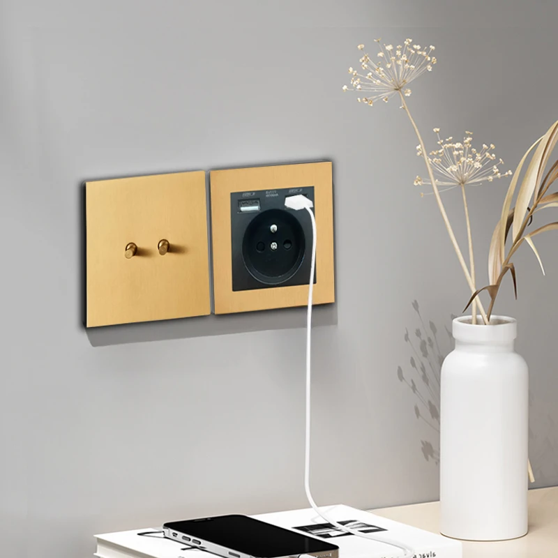 Interrupteur à bascule pour applique murale dorée, levier en laiton Vintage, panneau en acier inoxydable, prise USB C universelle EU FR, 1-4 gangs, 2 voies, variateur