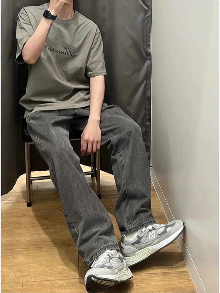 

Cleanfit Men's Retro American Washed Grey Jeans Straight Leg High Street Vibe Micro Flared Pants Youth Fashion Cotton Polyester