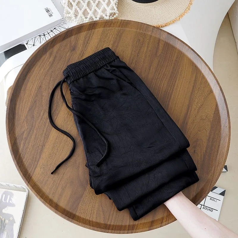 Silk Satin Embroidered High Waist Straight Leg Casual Pants Thin Summer Acetate Wide Leg Trousers Ladies Fashion Commute Style