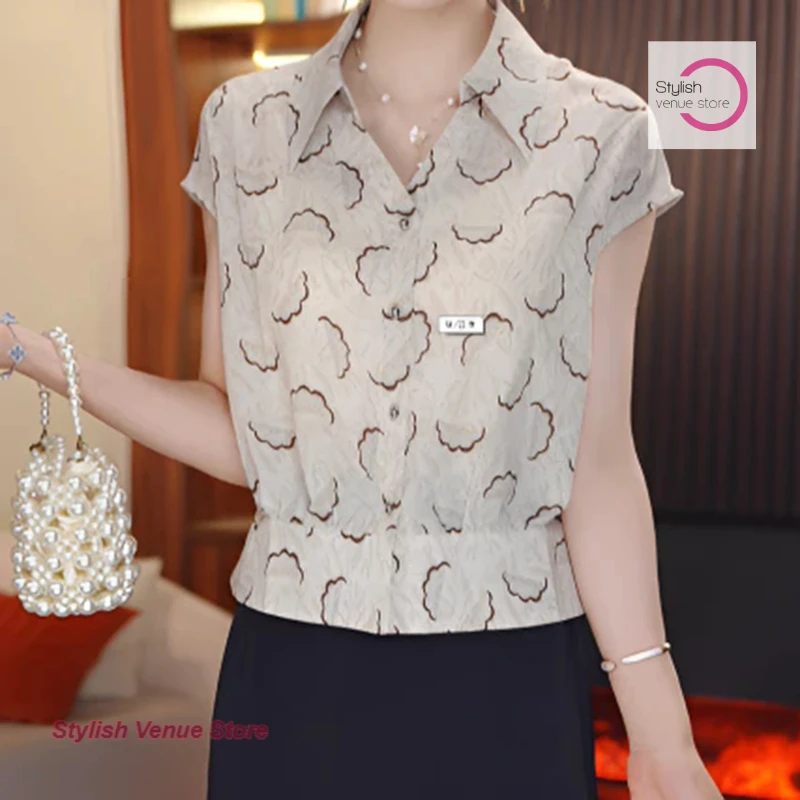 Summer new niche print design sense fashion temperament female French lapel short sleeve Joker shirt age-reducing slim shirt