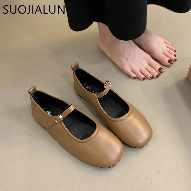 SUOJIALUN Autumn Women Flat Shoes Fashion Round Toe Shallow Slip On Mary Jane Shoes Flat Heel Ladies Elegant Outdoor Ballerinas