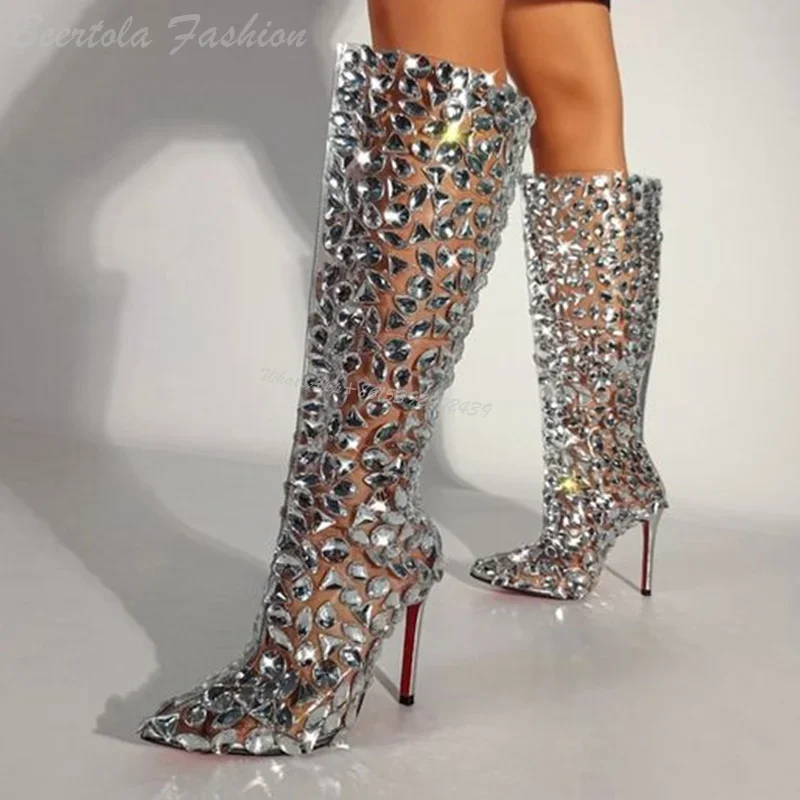 Botas grandes con piedras de cristal plateadas hasta la rodilla para mujer, botines de Pvc con purpurina de diamantes y tacón de aguja con cremallera, botines hasta la pantorrilla, zapato Sexy