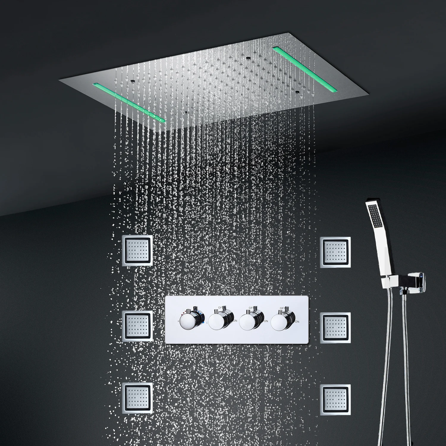 High Flow LED Rainfall Shower Faucet Set Chrome Massage Body Jets Thermostatic Diverter Valve