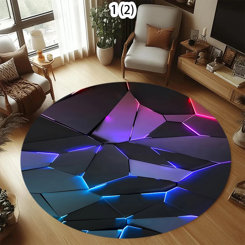 Luminous Geometric Round Area Rug with Neon Light and 3D Polygon Patterns Soft Non Slip Floor Carpet for Gaming Room Living Room