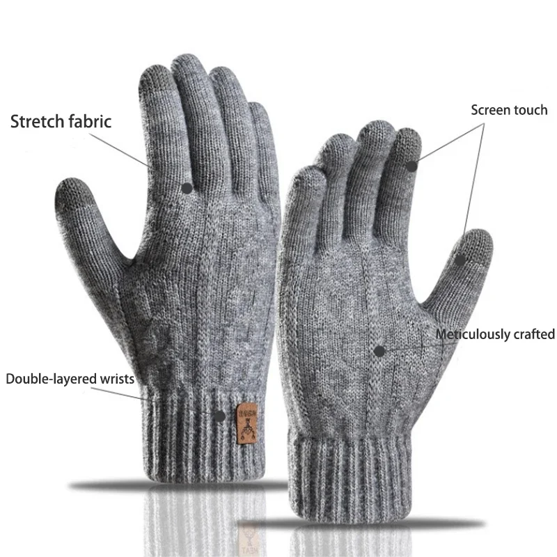 2026 Herren Thermo-Woll-Strickhandschuhe Rutschfest Touchscreen-fähig Fleece-gefüttert Warm Vollfingerhandschuhe für Radfahren Autofahren Wandern Winter – Detail 3
