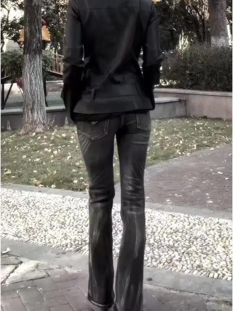 레트로 아메리칸 디자인 번개 패턴 데님 팬츠 여성용 가을 겨울 신상 슬레 INS 핸드메이드 루즈 마이크로 플레어 팬츠