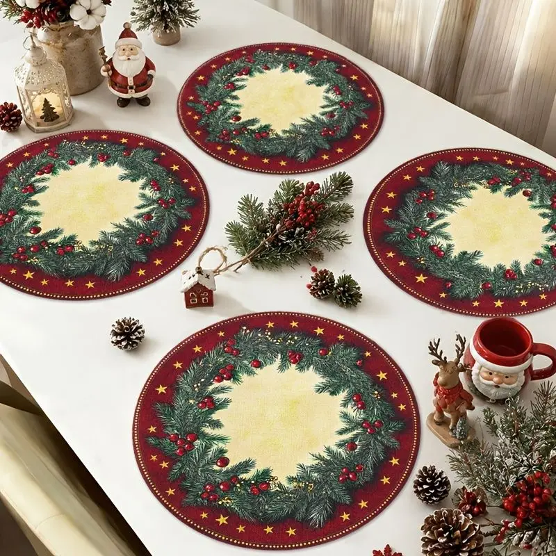 VIKAMA Christmas Round Placemat Pine Wreath Holly Berry Star Burgundy Xmas Round Table Mat Heat Resistant Holiday Dining Party