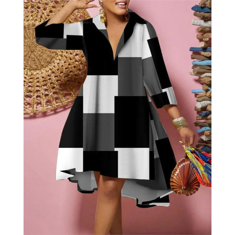 New For Summer Women's Casual V Neck Long Sleeve Plaid A Line Dress Oversized Outdoor Dresses For Female Vestido Ropa De Mujer