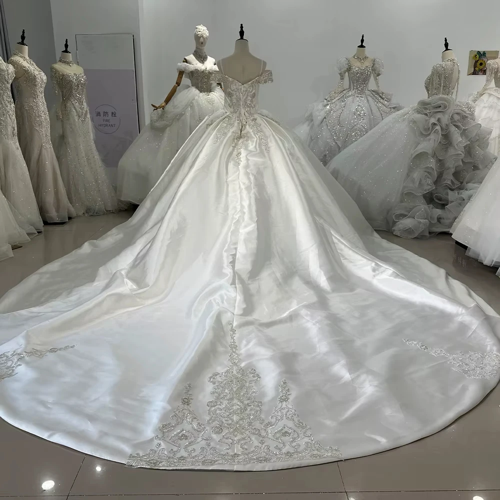 فستان زفاف من Vestido De Novia Encaje بدون أكتاف على شكل قلب وأربطة من الخلف مطرز بالخرز وحفلات الزفاف من الساتان