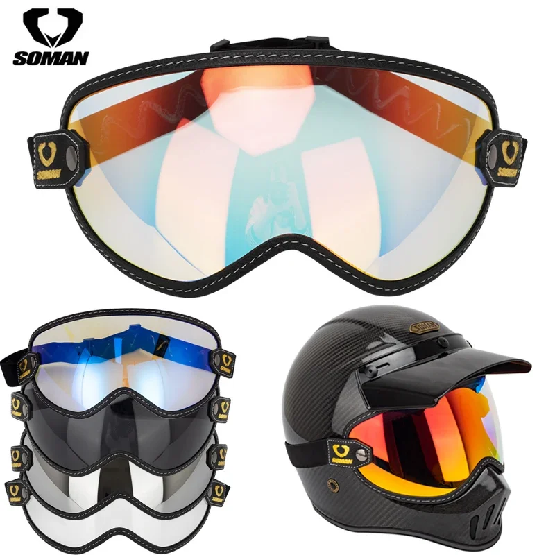 SOMAN Retro Helmet Goggles Motorcycle Open Face Helmets Bubble Visor Shield Lens Bike Riding Vintage Sunglasses Windshield Man