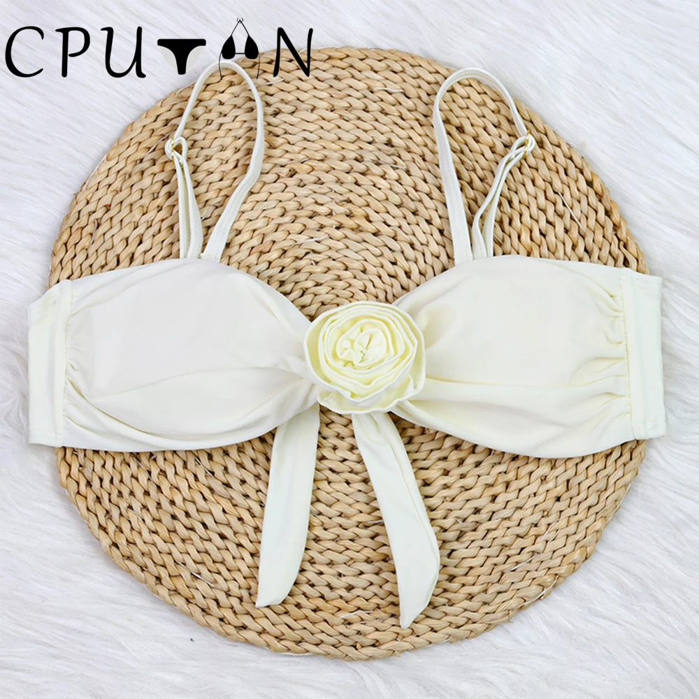 

CPUTAN 3D цветок 2024 сексуальный белый комплект бикини пуш-ап купальник однотонные стринги бикини купальный костюм для девушек летняя пляжная одежда