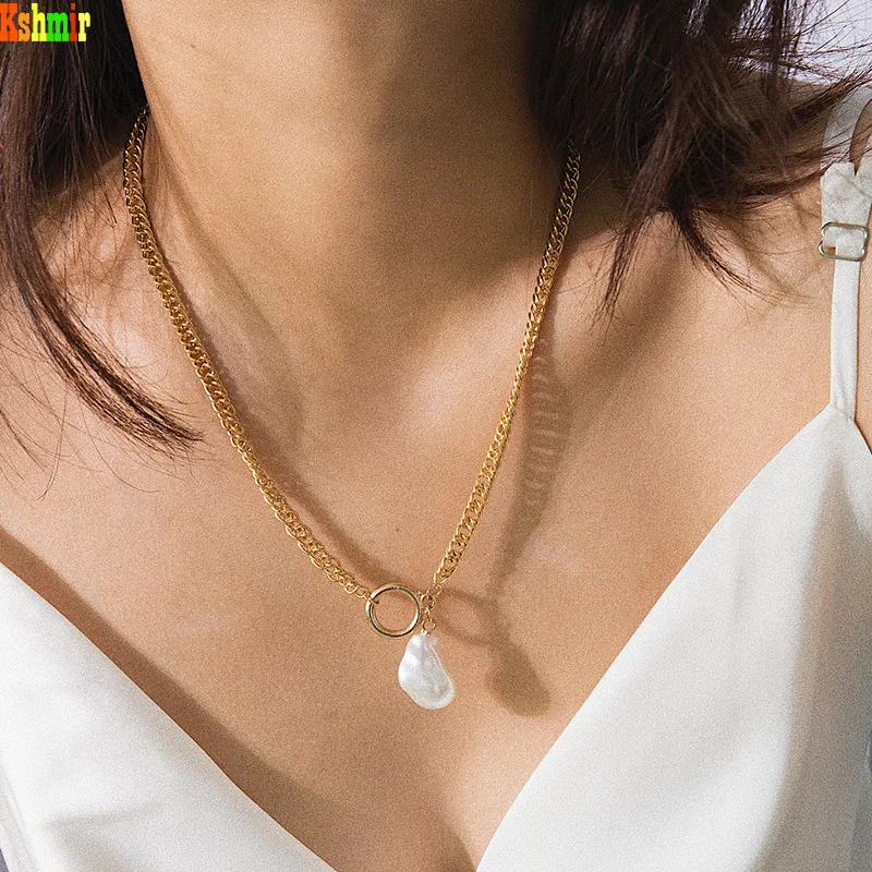 

Circle Chain Necklace Female Vintage Abnormity Pearl Necklace Pendant Necklace Imitation Baroque Pearl Kshmir Simple Geometric