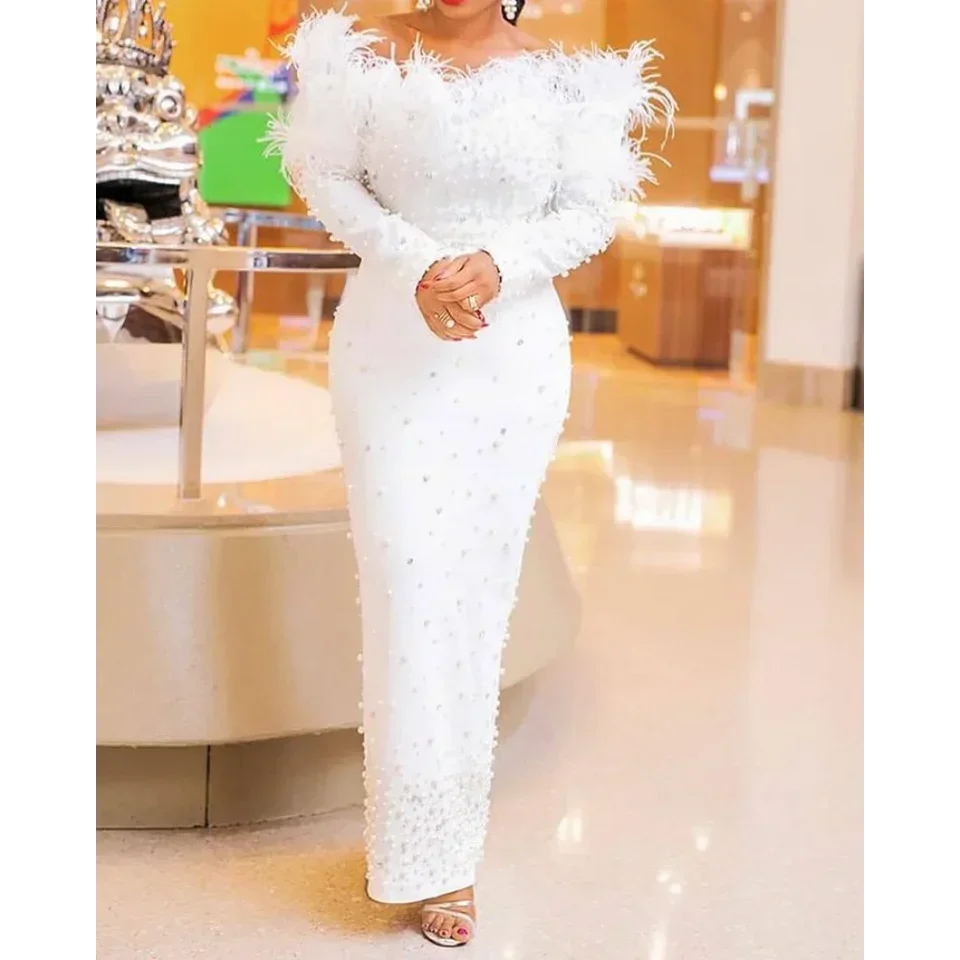 

Elegant Maxi Dresses Women's Off Shoulder Long-Sleeved Nail Beads Sexy Party Dress