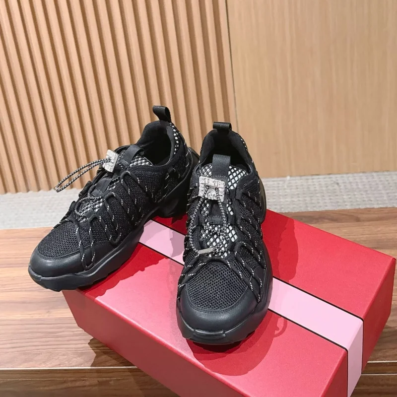 Designer Brand Original Square Button Water Diamond Mesh Dad Shoes Women's Genuine Leather Lace Sports and Leisure Shoes