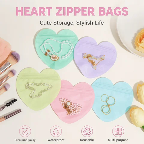 50PCS Cute Colorful Heart-shaped Self-sealed Gift Bag, Party Valentine's Day Wedding Gift Jewelry Earring Ring Storage Bag