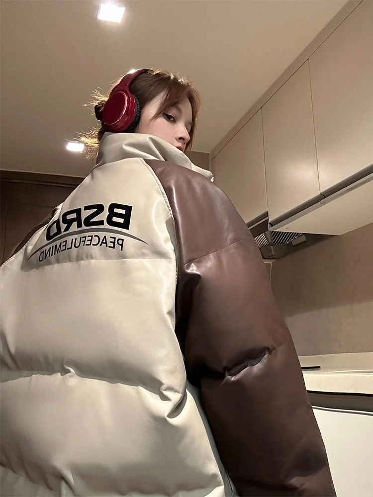 

Утепленная хлопковая куртка оверсайз для мужчин с вставками из искусственной кожи, зимнее пальто с цветовыми блоками, повседневная уличная одежда для пар