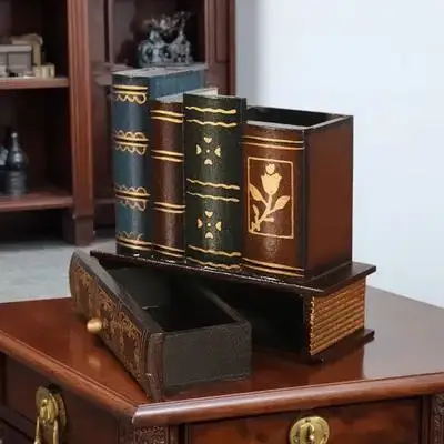 

1pc Wooden Pen Holder Retro Style With Drawer Tabletop Storage For Home Office Study Room Multi-Function Desktop Organizer