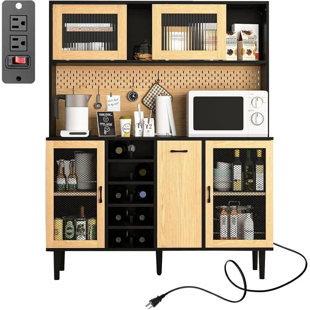 Charging Station Armhouse Pantry Cabinet, Kitchen Hutch with Microwave Shelf and Adjustable Racks, Glass Door Buffet, Coffee Bar