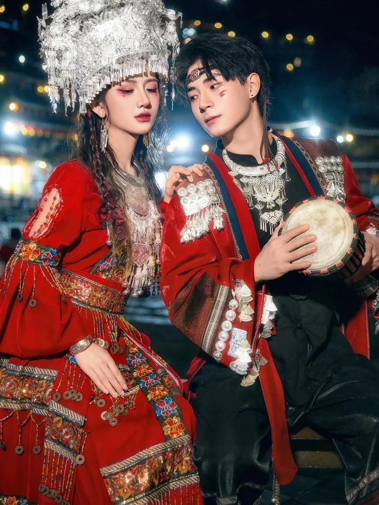 High Quality |Red Miao Clothing Female Couple Men's Tujia Ethnic Style Miao' S Women Dress Machine Embroidery Photography