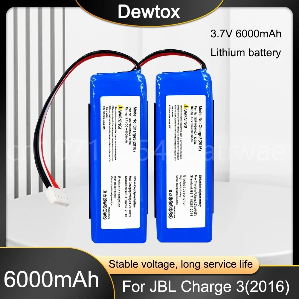 GSP1029102A Rechargeable Lithium Battery 3.7V 6000mAh Replacement for JBL Charge 3 2016 Version Charge 3 Speaker Batteries