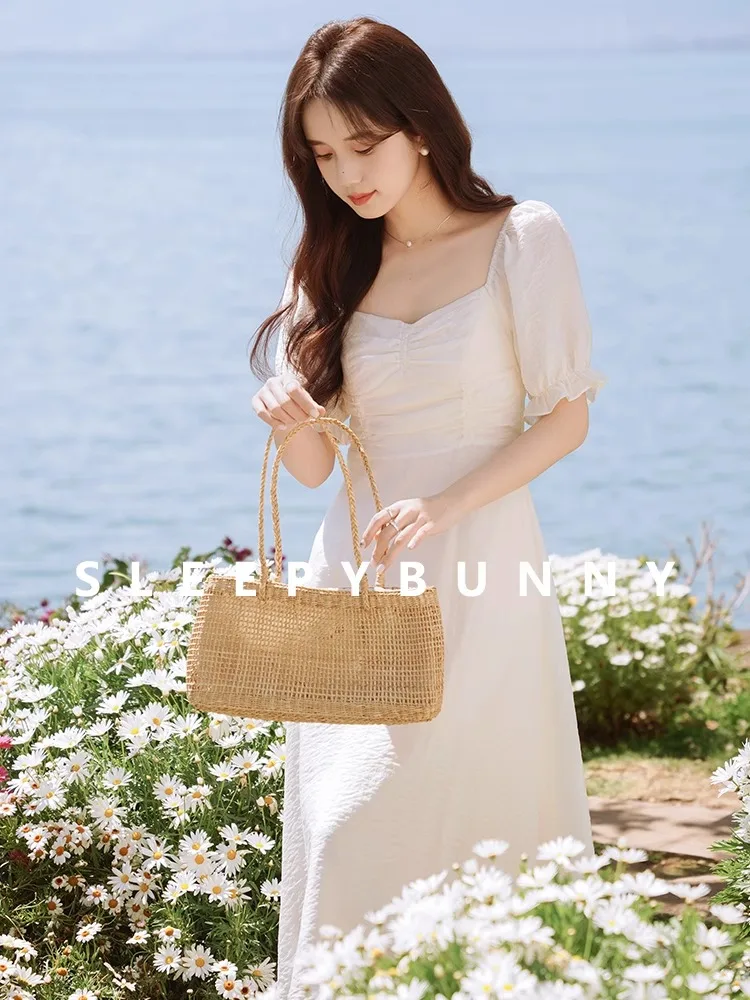 스퀘어 넥 퍼프 슬리브 셔링 미디 드레스, 로맨틱 코티지코어 스타일의 여름 우아한 슬림핏 A라인 홀리데이 롱 드레스