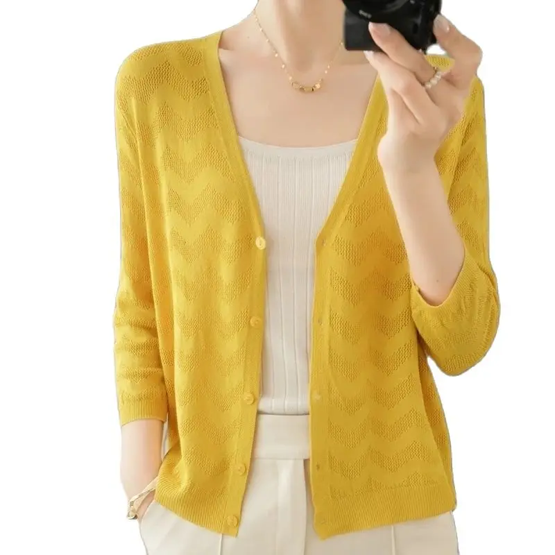 

2023 Spring Summer Fashion Knitted Cardigan Women's Thin Sun Protection Clothing Hollow V-Neck Loose Jacket Ladies Ice Silk Top