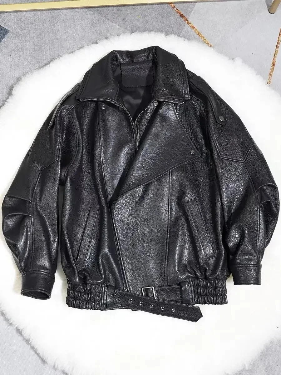 Luksusowa miękka skórzana kurtka damska, luźna kurtka bomberka, wiosenno-jesienna kurtka motocyklowa z PU, odzież wierzchnia, vintage odzież damska.