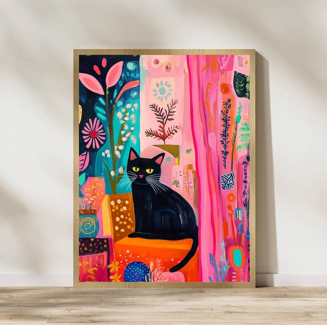 Black Cat with Bright Florals Poster, Pink and Teal Art Print, Colorful Black Cat Art, Preppy Room Decor, Abstract Black Cat Pos