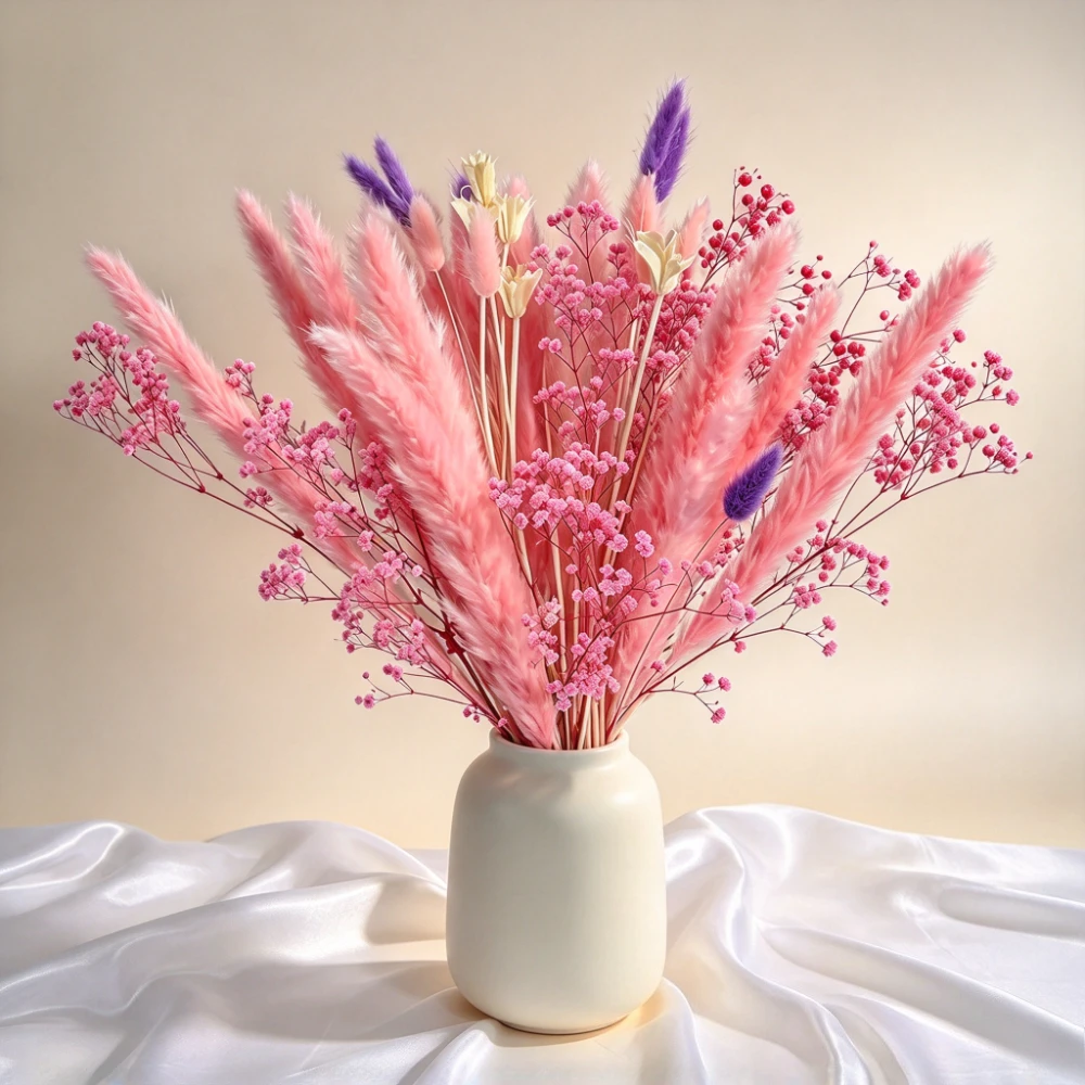 Pampas Grass Decor - ボヘミアン風の自然なドライパンパスグラス、ピンクの花束。ふわふわとした造花で、花瓶やテーブルの装飾、結婚式やパーティー、お祭りでのプレゼント、DIYの装飾に最適。