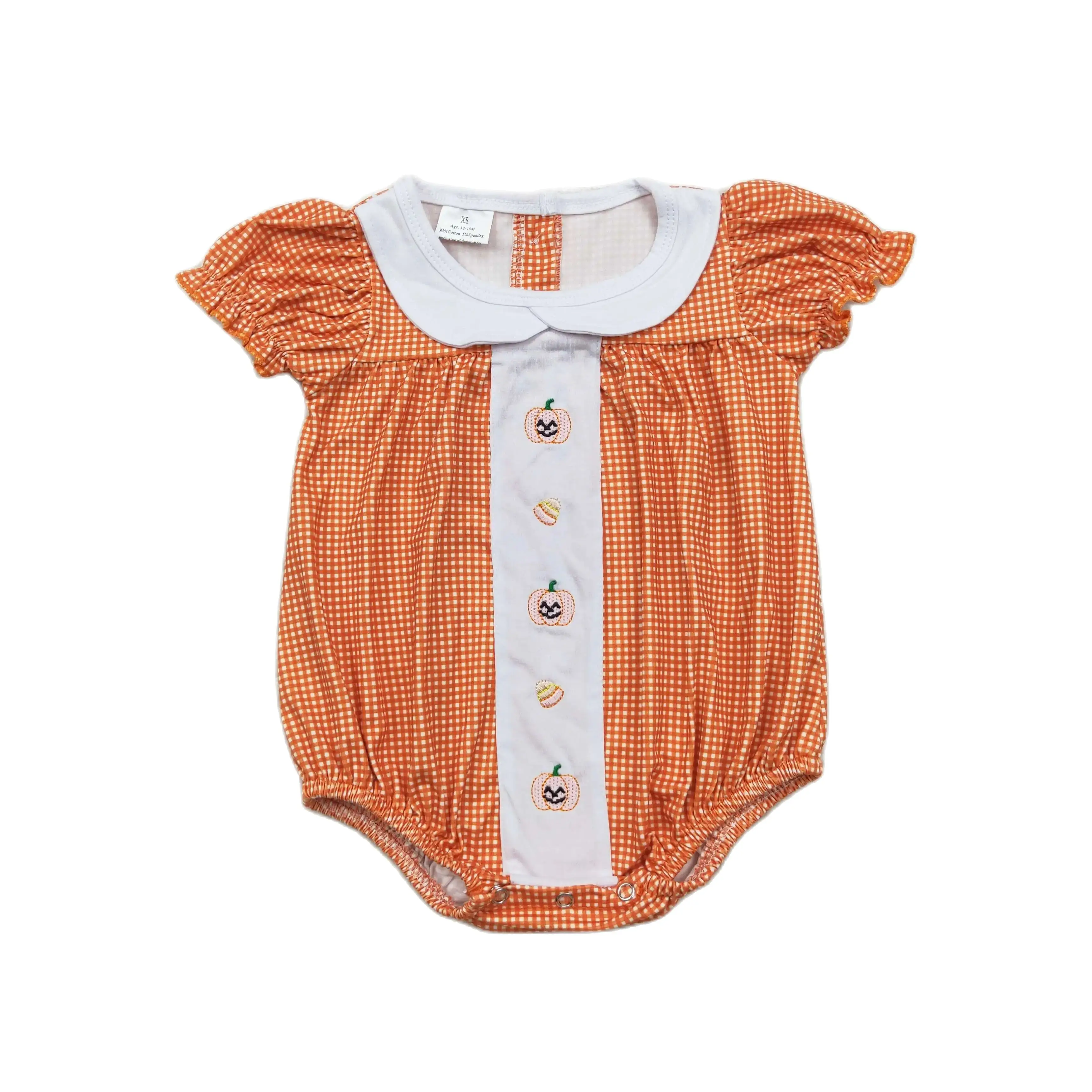 Wholesale Children Newborn Halloween Romper Embroidery Pumpkin Candy Orange Plaid Jumpsuit Kids Toddler Bubble One-piece