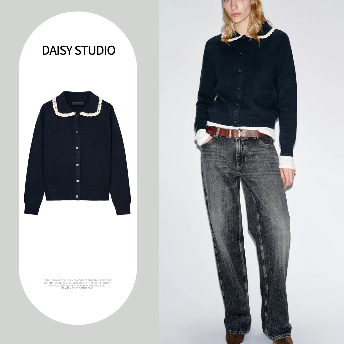 

Spring New Arrival Women's Lazy Sle Color Blo Lace Trim Long Sve round Collar Knitted Jaet Sweet Sle Polyester Fiber