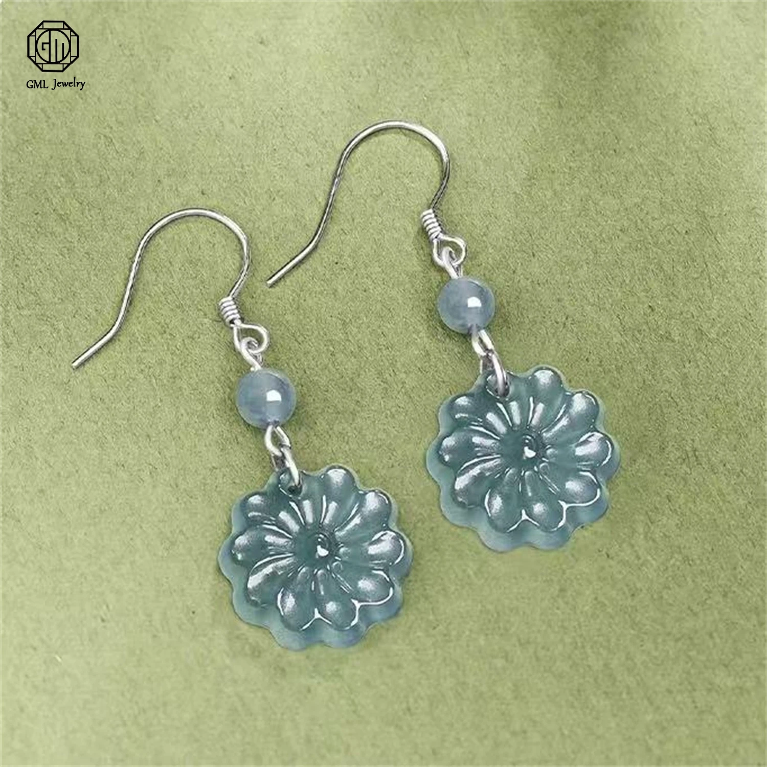 Natural Grade A Jadeite Blue Water Sunflower Earrings Ice Translucent Vintage Women Drop Exquisite Ethnic Style Jewelry Gift