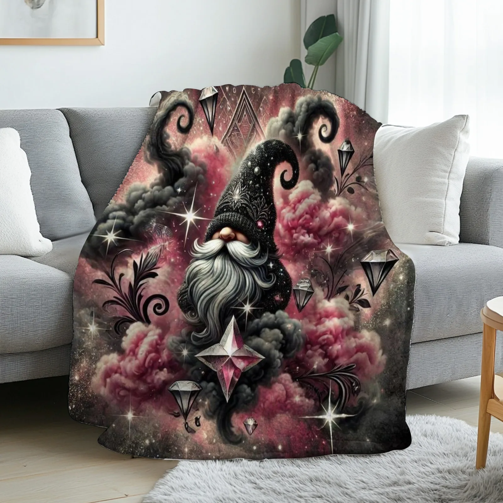 1pc Mystical Gnome Printed Throw Blanket, Soft Warm  Flannel All‑Season Blanket, Fantasy Art Home Decor for Bedroom