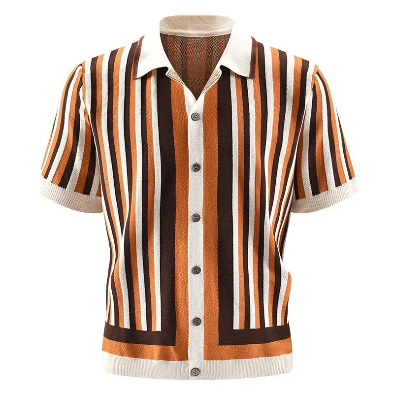 

Лето 2026: Дышащий повседневный трикотажный джемпер с коротким рукавом, полосатым узором, воротником-стойкой на молнии до середины, базовый стиль, мужская мода