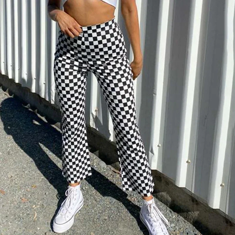 Checker Plaid Flare Pant Bootcut Bell Bottom Elastic Waist Skinny Elegant Summer Women y2k workout good stretch Cloth plus size