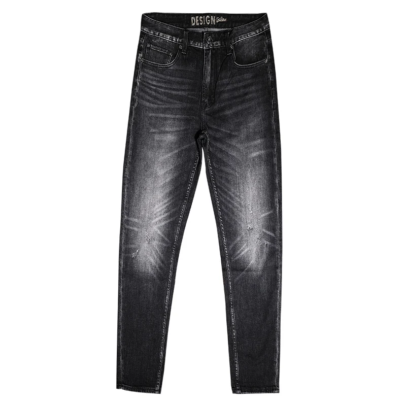 European Vintage Fashion Men Jeans High Quality Retro Black Gray Elastic Slim Fit Ripped Jeans Men Casual Designer Pants Hombre