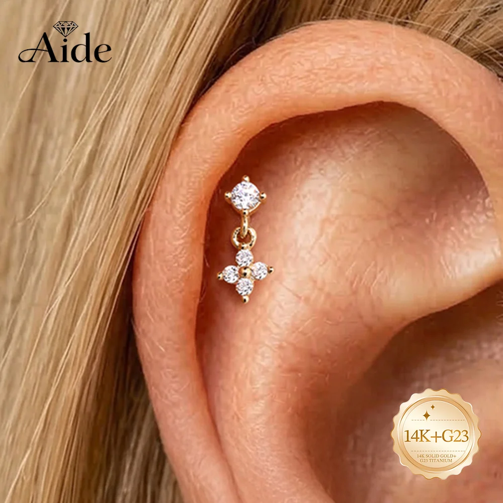 AIDE 14K Solid Gold Four-petal Flower Pendant Women's G23 Titanium Flat Back Piercing Ear Bone Nail Wedding Bridal Jewelry Gifts
