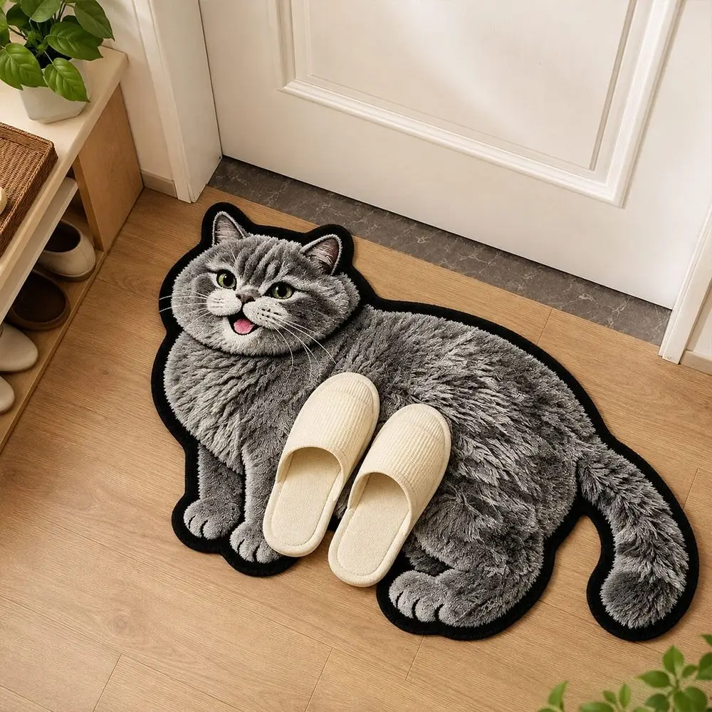 Special-shaped Cat Floor Mat Soft Surface Non Slip Backing Cat Shaped Carpet Cat Pattern Absorbent Animal Door Mat Bedroom Decor