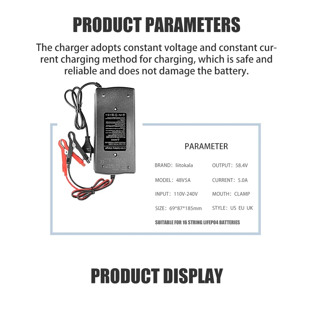 NewLiitoKala 58.4V 5A Intelligent Charger, 4 Amperes, Suitable For 16S 48V LiFePO4 Outdoor Battery High-Power Full Charge Self S