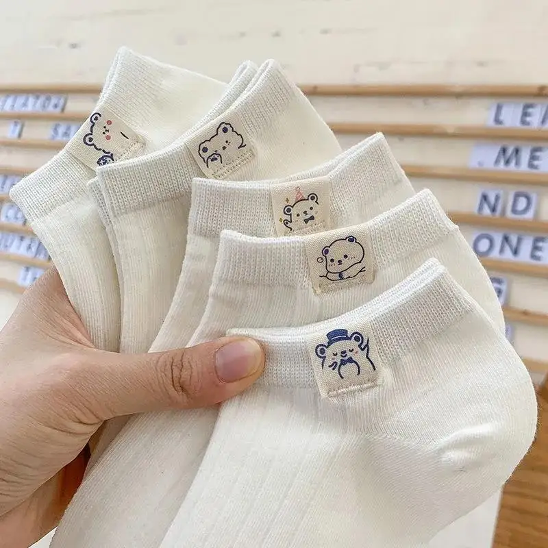 5Pairs Cute Bear Woven Label White Socks Girls Women Low Cut Cotton Solid Socks Summer Spring Breathable Ankle Short Sock