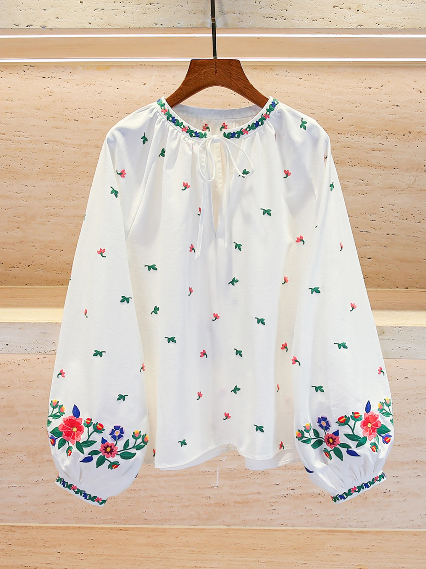 

Ele Floral Embroidery Belted irt Women's Top for Holiday Sle Commute Loose Fit Long Sve round Ne Cotton Blend